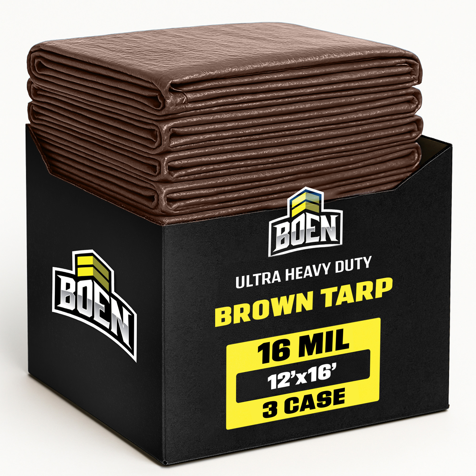 Boen 12 ft x 16 ft Brown Tarp, 3-Pack, 16 Mil Thick Waterproof Ultra Heavy Duty Cover, Rip Proof Tarps, Thick Weave Material, UV Resistant Great for Tarpaulin Canopy Tent, Boat, RV or Pool Cover